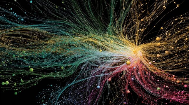 Colorful abstract representation of data flow and connection on a black background showcasing dynamic movement and energy