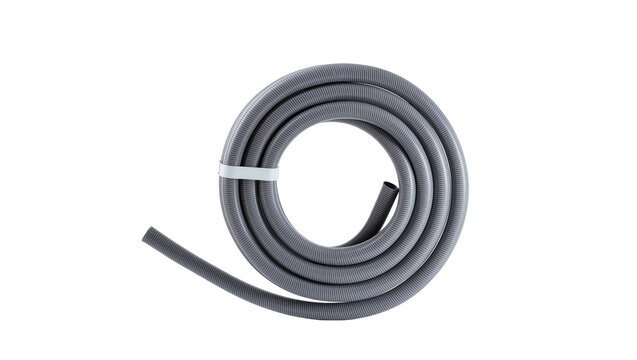 Coiled gray corrugated flexible conduit, secured with a white plastic zip tie