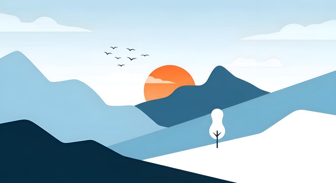 Minimalist mountain landscape with tree sunrise.