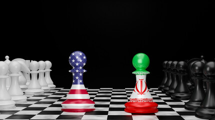 Obraz premium USA and Iran Flag Chess Pawns Facing Each Other on Chessboard — 3D Render of Geopolitical Power Struggle, Military Strategy and Political Conflict Concept