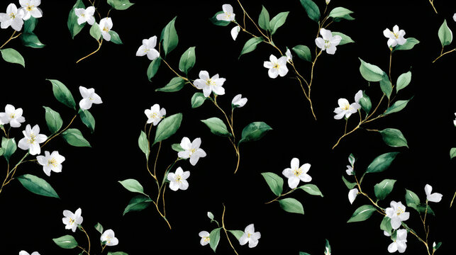 Seamless watercolor pattern with white jasmine flowers and green leaves on black background