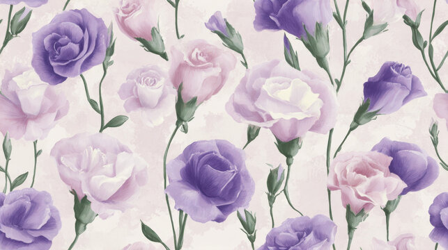 Elegant lisianthus blooms in pink and purple tones with soft watercolor texture, romantic floral seamless pattern background