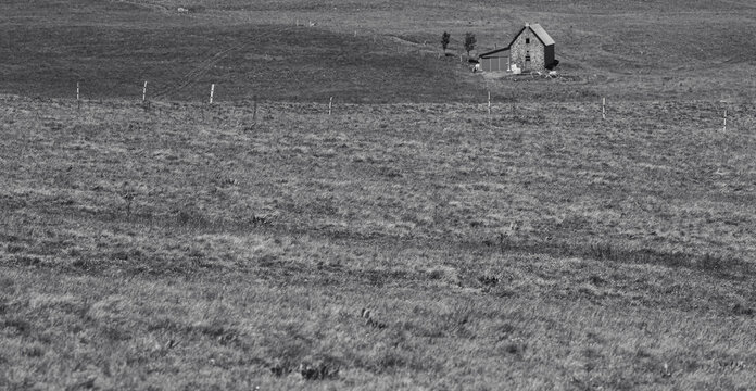 buron au milieu des prairies, ferme d'&eacute;t&eacute; sur le plateau du Limon dans le Cantal en france en Auvergne