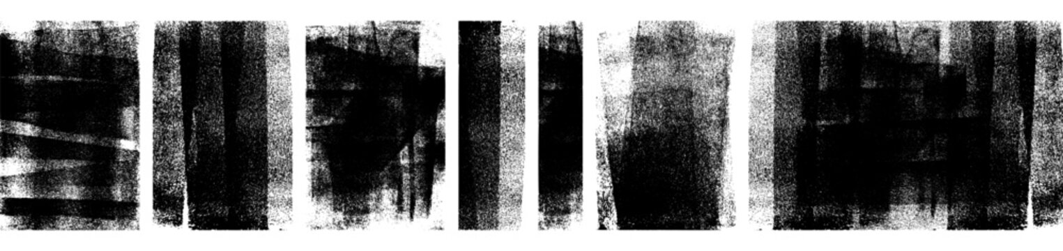 Rolled ink stamp textures handmade with brayer set. Rectangle eroded shapes with streaks, distressed letterpress grainy overlays, linocut printmaking vector illustration on transparent background