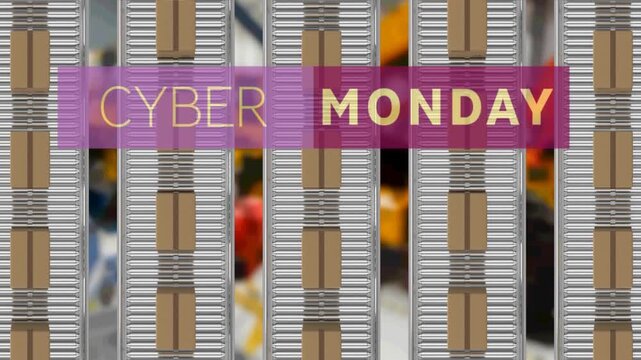 Animation of cyber monday text over cardboard boxes on conveyor belts in warehouse