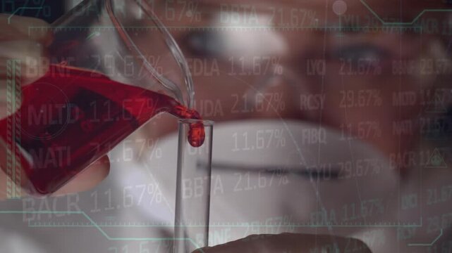 Animation of data processing over caucasian scientist with beaker