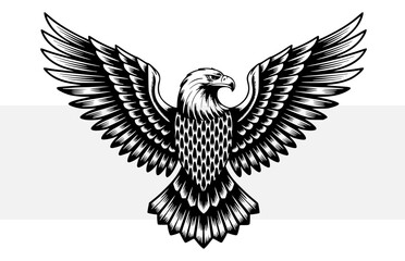 Fototapeta premium Majestic bald eagle flying, spread wings, vintage woodcut engraving style, vector patriot bird mascot, american national symbol for logo design