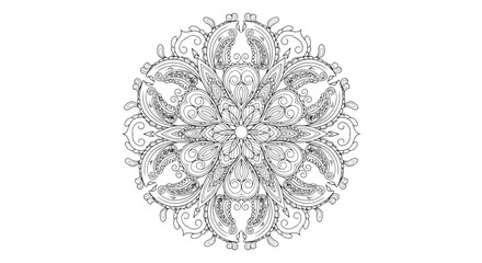 Intricate symmetrical black and white mandala illustration, featuring delicate floral and ornamental motifs. Perfect for mindful coloring, creative expression, or decorative graphic design © BrandUp