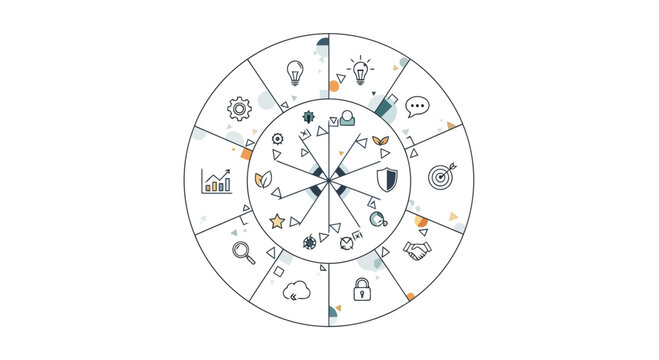 Interconnected business strategy diagram featuring various icons for data analytics, security, innovation, and growth, illustrating a comprehensive management framework