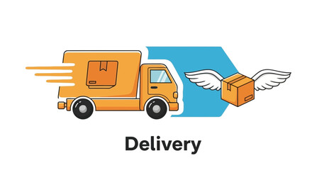 Naklejka premium Efficient express parcel delivery concept, featuring a speedy truck and a winged package, highlighting modern global logistics and quick shipping services
