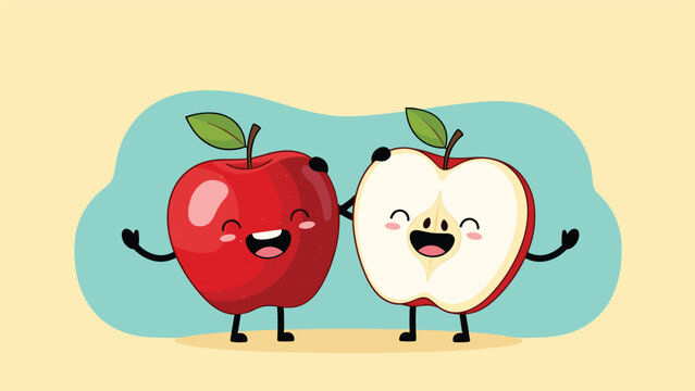 Shiny red apple and a fresh apple half with happy faces hold hands against a soft teal and cream background.