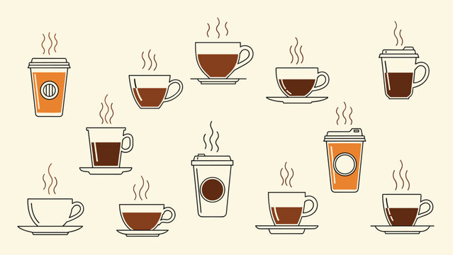 Pattern of various coffee cup and mug icons in brown and white colors shows different types of hot cafe beverages.