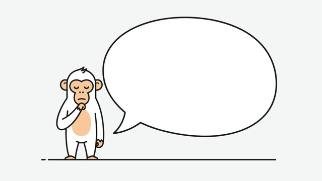 Thoughtful white monkey character stands with a hand on its chin next to a large blank speech bubble for messages.