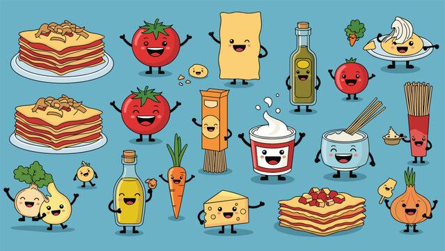 Extensive collection of cute lasagna ingredients and kitchen staples like tomatoes oil and vegetables celebrate.