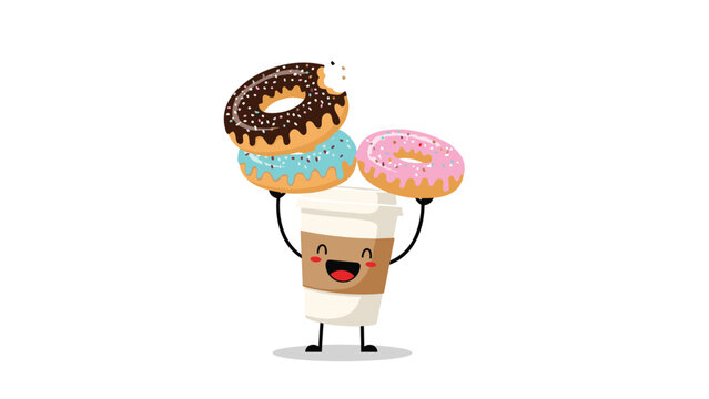 Joyful coffee cup character balancing a stack of three colorful glazed donuts with sprinkles and a bite mark to show a sweet breakfast snack.