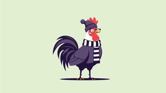 Quirky character design of a stylish rooster wearing a warm purple beanie with matching scarf and glasses on a pastel green background.