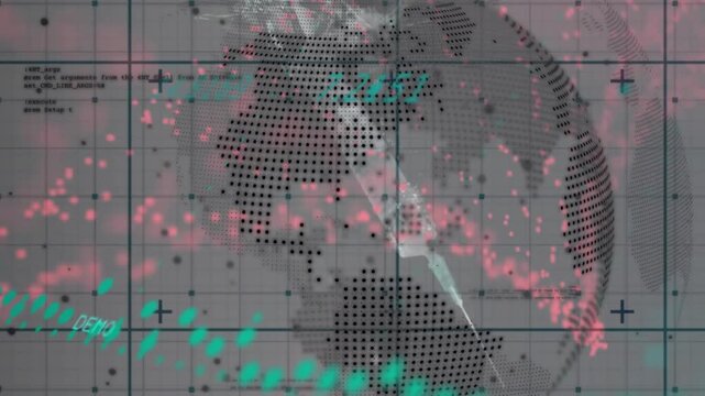 Animation of graphs, globe, dna and data processing on grey background
