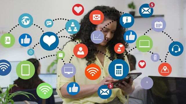 Animation of connection with tech icons over woman using tablet in office