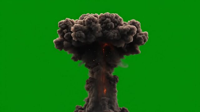 Volcanic Eruption with Explosive Ash Cloud on Green Screen Background, Seamless Loop, symbolizing natural disaster and geological activity
