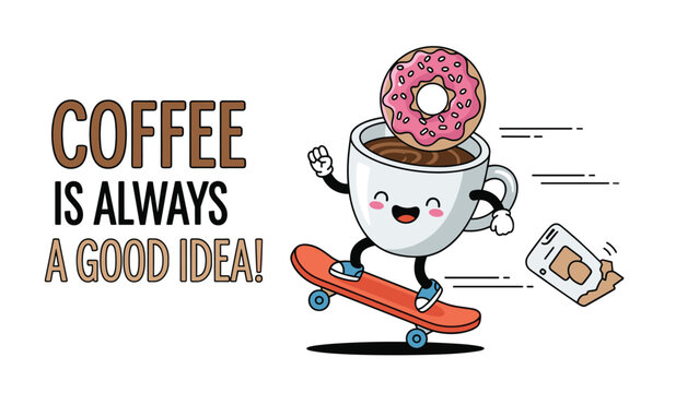 Rad coffee cup character wearing a pink donut with sprinkles as a hat and riding a skateboard with a coffee is always a good idea message.