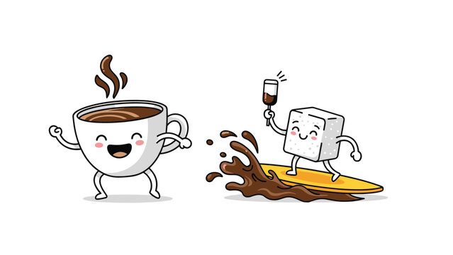 Cheerful coffee cup character and a sugar cube character surfing together on a splash of brown coffee against a clean white background.