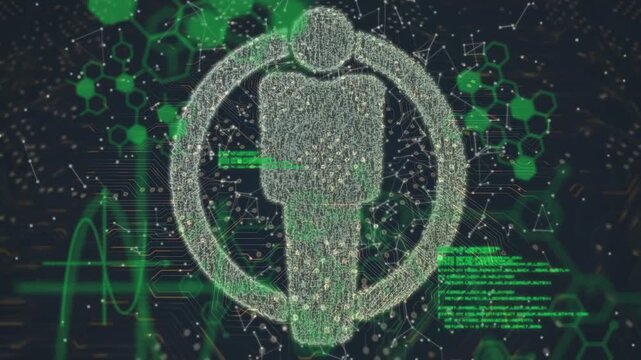 Animation of human model, chemical formulas, data and integrated circuit on black background