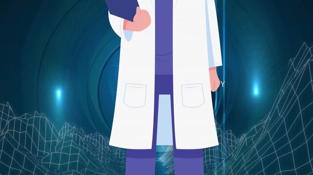 Animation of doctor with face mask icon over moving shapes