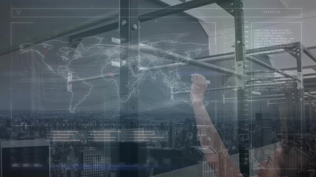 Animation of caucasian athlete doing chin-ups, cityscape and digital circular data connecting lines