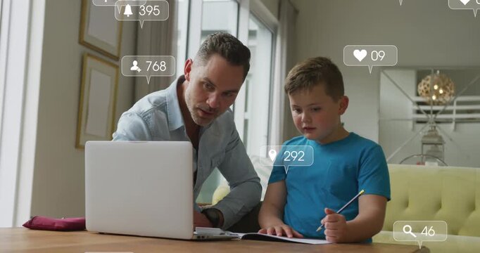 Animation of icons with growing number over caucasian man and his son using laptop