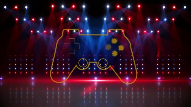 Animation of yellow video game controller over multicolored spotlights and studio lights on stage