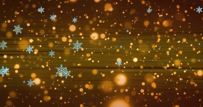 Animation of snowflakes over light spots and trails on black background