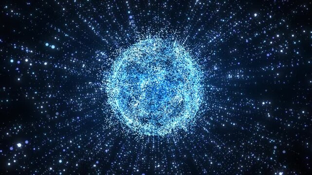 Blue glowing particle sphere radiating light rays outward, creating a dynamic cosmic energy field with depth, motion and futuristic space atmosphere.