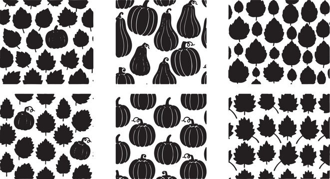 Black Solid Autumn Themed Seamless Tessellating Pattern Silhouettes