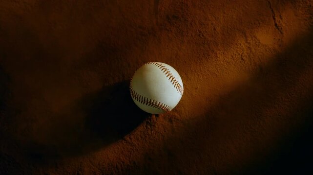 Cinematic top view close-up of a baseball on dusty ground as wind lifts dirt around it. Sun rays illuminate the field, enhancing texture and atmosphere.
