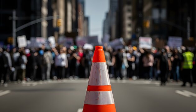 Traffic Cone in Foreground Blocking Street Protest Crowd Blurred Background