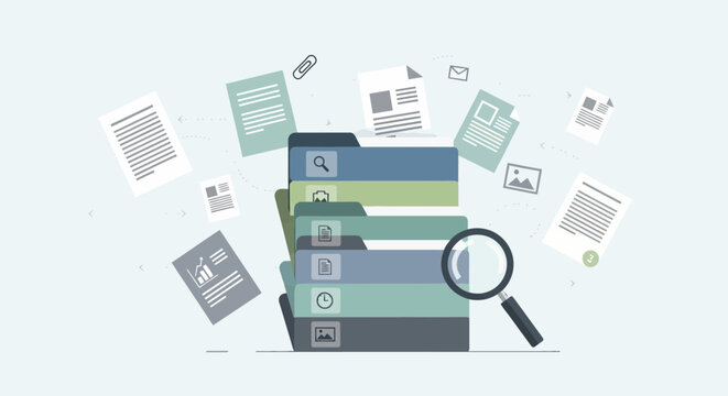 A stack of business documents and a folder with a magnifying glass on top, surrounded by floating papers and icons against a clean background.