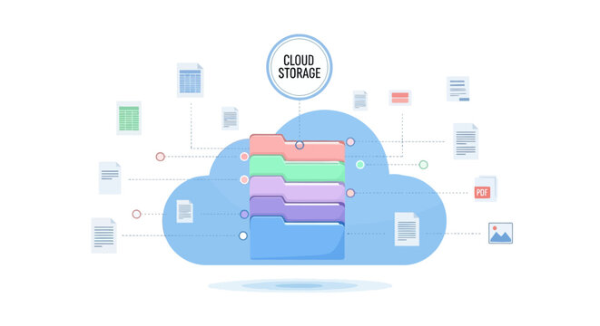 A graphic illustration of a cloud storage concept with a blue cloud and various file folders and documents connected to it in a clean, minimalist style with a professional and organized
