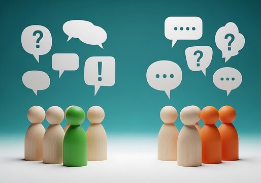 A group of people are engaged in a discussion with speech bubbles containing question marks and exclamation points above their heads in a meeting setting.