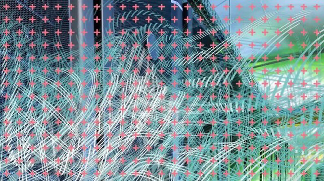 Animation of pink and purple pattern, dna strand spinning and data processing