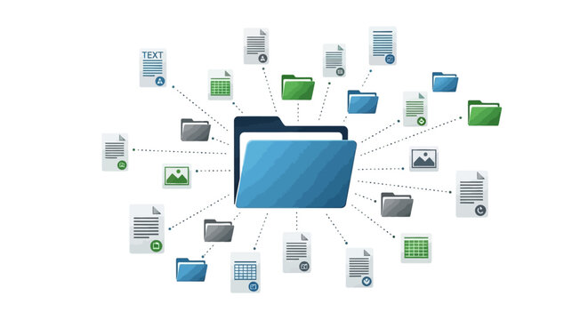 A blue folder icon surrounded by various smaller file icons on a white background, representing digital organization and data management in a business context with a clean and modern style.