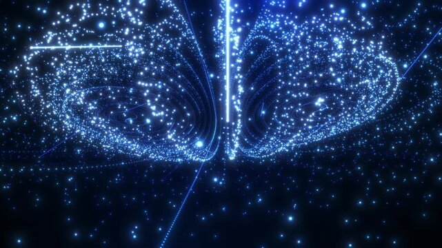 Blue glowing particles forming curved wave paths into a deep tunnel, creating a futuristic abstract digital space with motion and depth.