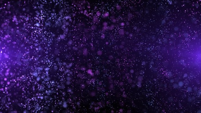 Purple glitter particles float across a dark background, creating a dreamy cosmic atmosphere with soft bokeh, depth, and smooth abstract motion.