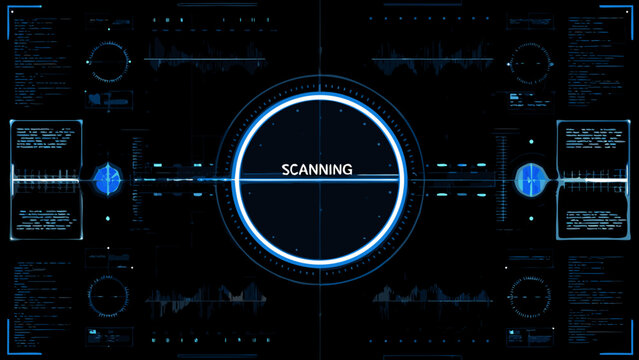 Futuristic interface displaying scanning data with digital waveforms and circles