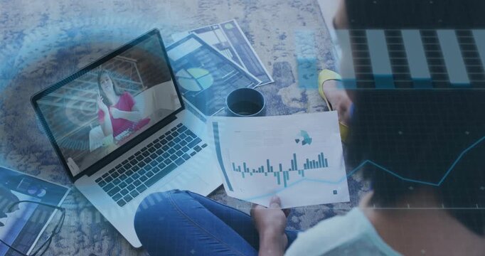 Animation of round scanner and data processing over woman with document having a videocall on laptop