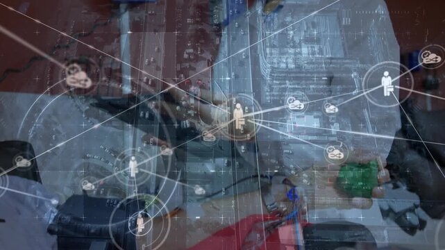 Animation of network of connections and data processing over male doctor