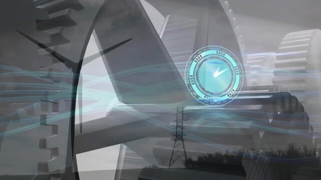 Animation of clock over cogs spinning and financial data processing