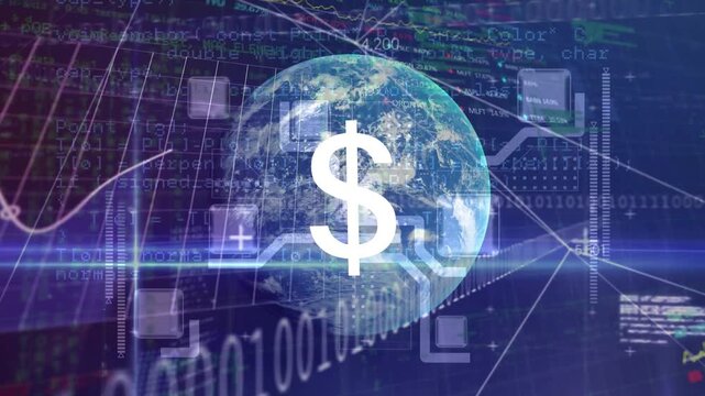 Animation of dollar symbol, lens flares, globe over trading board, binary code and computer language