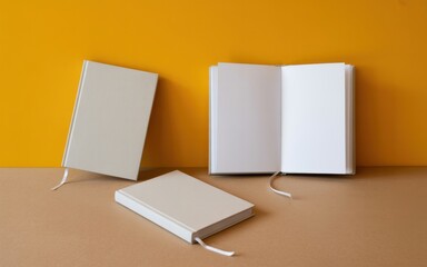 Naklejka premium Three white notebooks on a table with one open and two closed against a yellow wall
