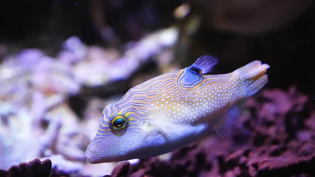Close up of Suitcase-fish also trunkfish swimming around slowly beside a coral reef underwater.