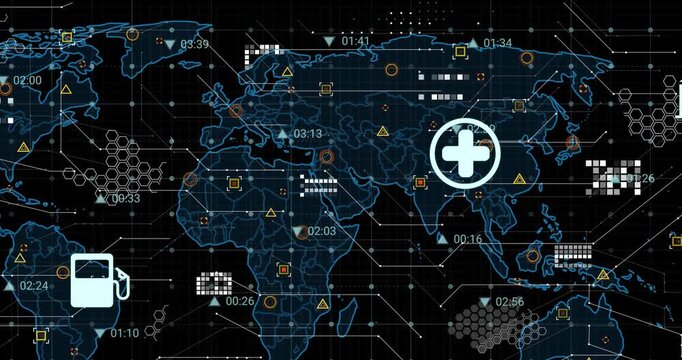 Animation of data processing and digital icons over world map against black background